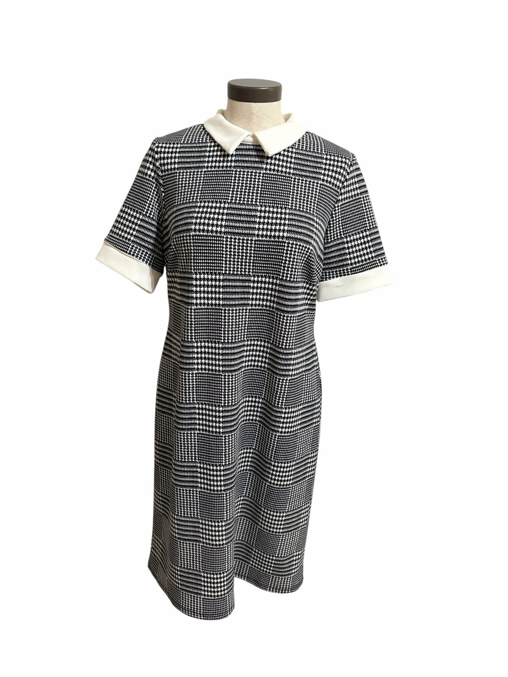 Shelby & Palmer Black White Houndstooth Plaid Shift Dress Peter Pan Collar Sz 12
